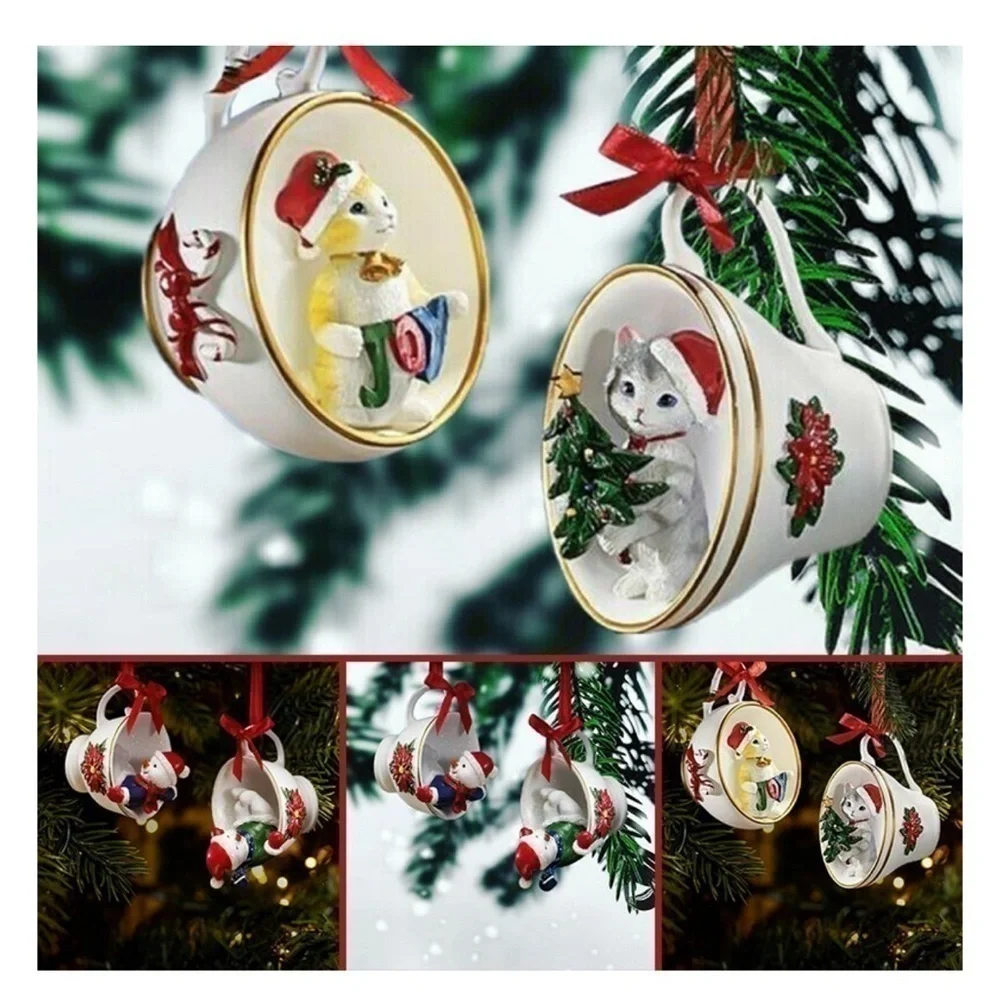 Cat Snowman Family Tea Cup Ornament Painted Resin Crafts Creative x4